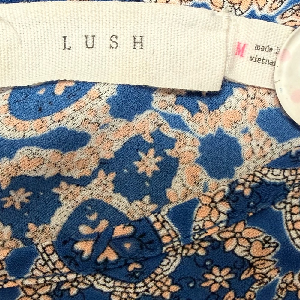 Lush Blue White Print Fit & Flare Mini Dress Boho Flutter Sleeve Size M - Picture 6 of 6